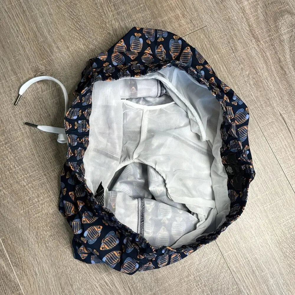 SAKS FIFTH AVENUE Men's Navy Blue Orange Fish Patterned Swim Shorts Trunks